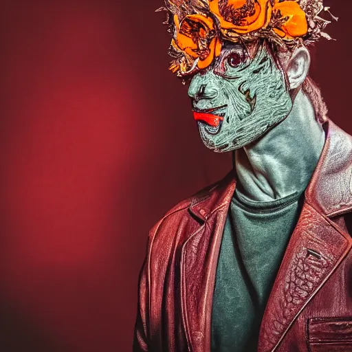 Prompt: portrait of Leather Face with flowers, cinematic light, cinematic atmosphere