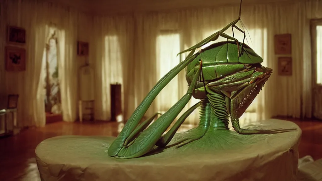 Prompt: the giant praying mantis head in the living room made of wax, film still from the movie directed by Wes Anderson with art direction by Salvador Dalí, wide lens