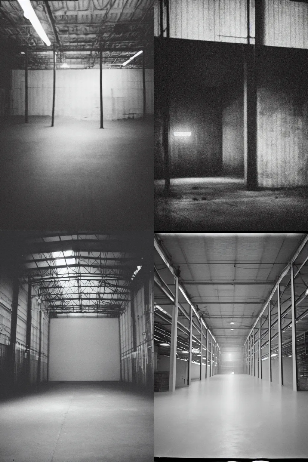 Prompt: grainy film photo of an empty warehouse, liminal space, mysterious, flash light