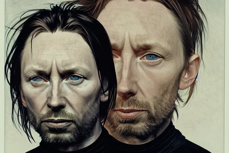 Image similar to hyper realistic portrait of thom yorke mixed with trent reznor, bigger forehead, bigger chin, from the side, by lee bermejo, alphonse mucha and greg rutkowski