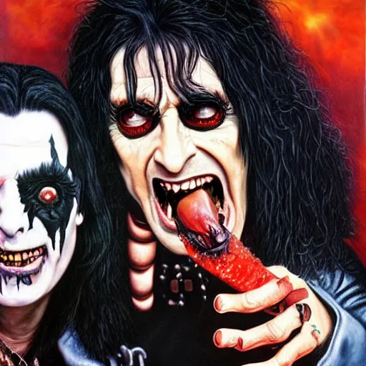 Image similar to a hyperrealistic painting of Alice Cooper and Ozzy Osbourne eating a bat by Jason Edmiston,