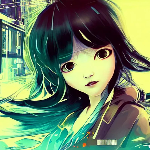 Image similar to Frequency indie album cover, luxury advertisement, white, indigo and teal colors. highly detailed post-cyberpunk sci-fi close-up schoolgirl in asian city in style of cytus and deemo, mysterious vibes, by Ilya Kuvshinov, by Greg Tocchini, nier:automata, set in half-life 2, beautiful with eerie vibes, very inspirational, very stylish, with gradients, surrealistic, postapocalyptic vibes, depth of filed, mist, rich cinematic atmosphere, perfect digital art, mystical journey in strange world, bastion game, arthouse