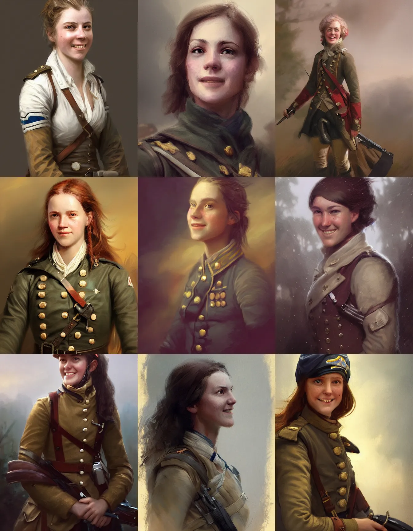 Prompt: young female american revolutionary war soldier, smiling, digital portrait by greg rutkowski, intricate, soft focus, highly detailed, cinematic, epic, artstation