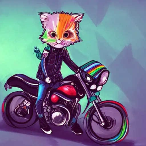 Image similar to wide angle full body, jacket wearing fluffy cute rainbow kitten wearing a black leather motorcycle jacket, riding on a motorcycle, cinematic concept art