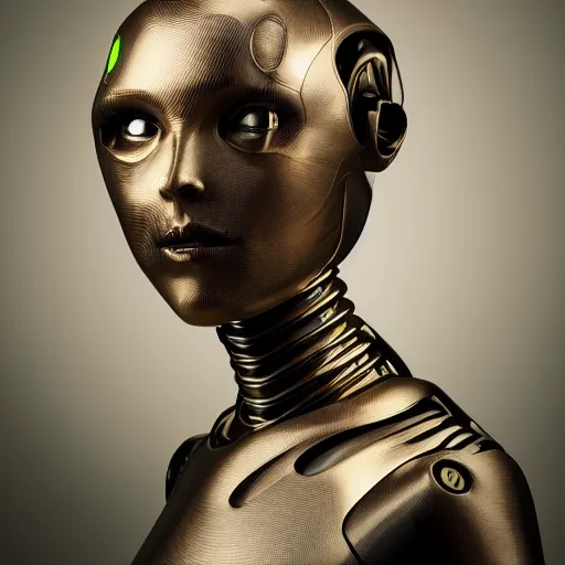 Prompt: beautiful Fine art photography portrait of a solarpunk half robot half human girl with real human face, lights over body, highly detailed, photorealism, studio lighting 8k