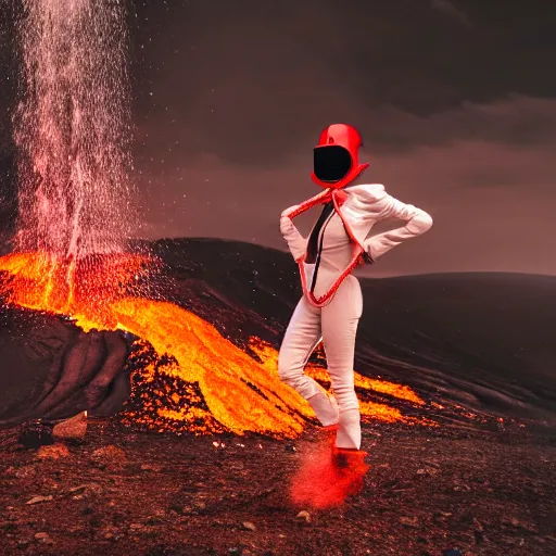 Prompt: woman with white suit, she wear red eyed gasmask, in volcano, standing close to volcano, fire raining, professional photography, black and white, cinematic, eerie