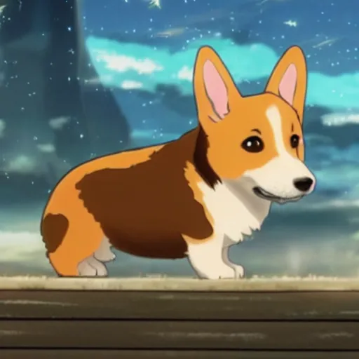 Prompt: an adorable corgi puppy, night sky full of stars, highly detailed, extremely beautiful still from an anime by makoto shinkai