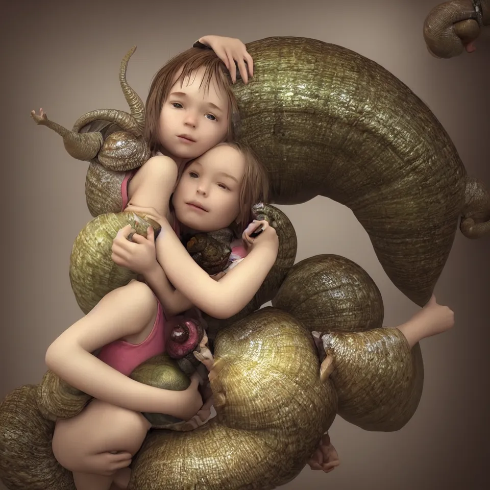 Prompt: a little girl hugging a giant snail, photo, realistic, artstation , beautiful, octane render