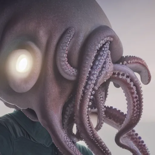 Prompt: woman with vaguely anthropoid outline but with an octopus like head whose face is a mass of feelers. cthulhu mythos. 8 k resolution, subtractive lighting, photorealistic hyperdetailed hyperrealism, cryengine