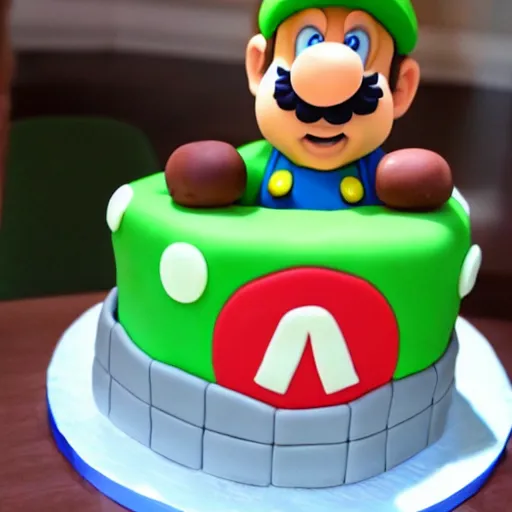 Prompt: Mario eating a cake shaped like Luigi