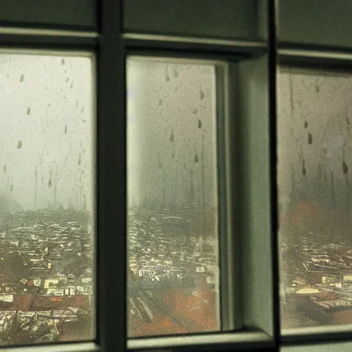 Prompt: view out of a window, fallout city and radioactive rain, with a oppressive mood