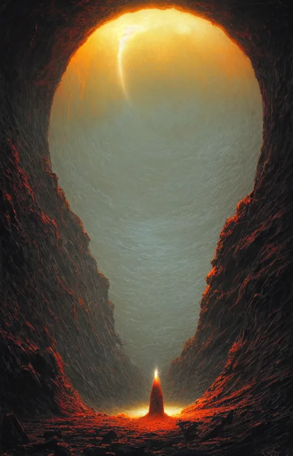 Image similar to ancient singular portal into godhood flickers omniously on a barren hellish exoplanet, philosophical concept illustrated by James Gurney and Zdislaw Beksinski and Dariusz Zawadski and Greg Rutkowski and Jeffrey Smith, dramatic lighting, ultra HD, HDR, 8k