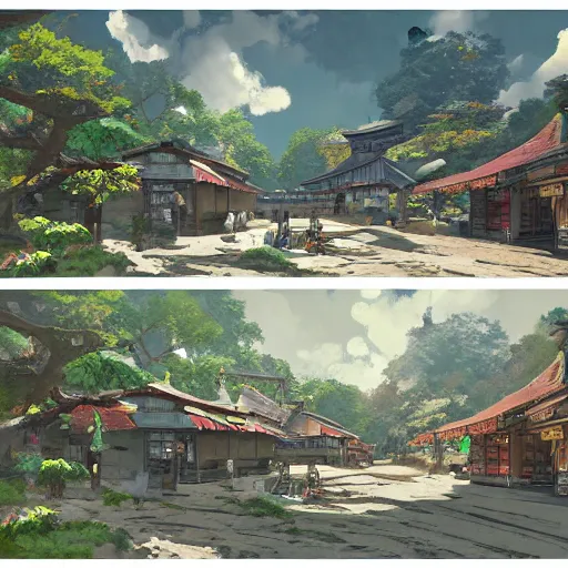 Image similar to concept art painting of a historic bakery with european and japanese architecture, in a woodland village surrounded by trees, in a mountain valley, realistic, detailed, cel shaded, in the style of makoto shinkai and greg rutkowski and james gurney