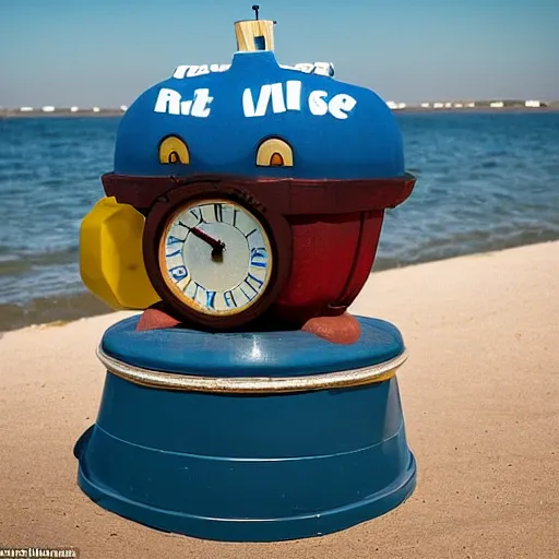 Prompt: The Wise clock at Jacob Riis Beach as a prop in Disney's Pixar movie Up (2009)