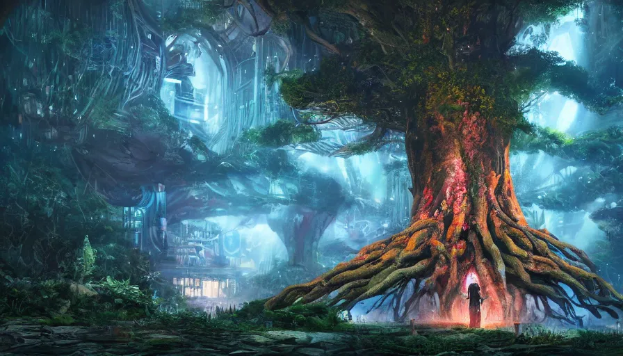 Prompt: ben lo illustration of the largest tree in the world under force field, bioshock concept art, solarpunk, hopeful, colorful, unreal engine, hyper realism, realistic shading, cinematic composition, realistic render, octane render, detailed textures, photorealistic, wide shot