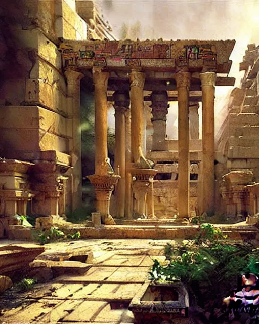 Image similar to fantasy concept art by anders zorn and craig mullins depicting the courtyard of a majestic egyptian fantasy temple