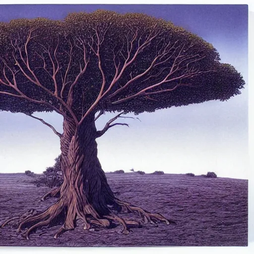 Image similar to a large tree rooted from a crystal planet, by moebius