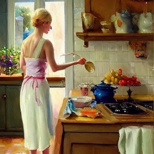 Image similar to Swedish blonde wife making breakfast to her husband, painting by Vladimir Volegov,