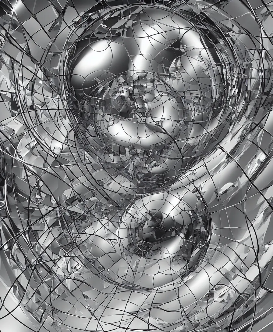 Image similar to render photoreal high gloss chrome abstract sphere puzzle maze breathtaking surreal Dali