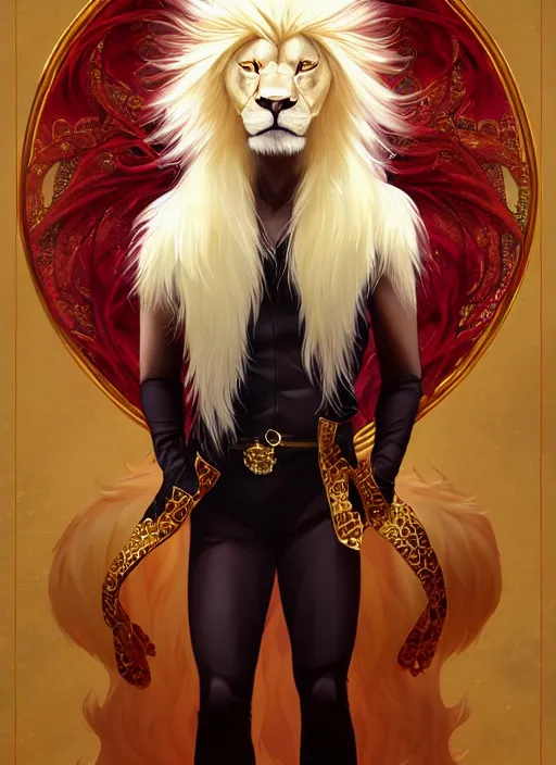 Image similar to award winning beautiful portrait commission of a male furry anthro albino lion with a beautiful hyperdetailed attractive outfit and face wearing a golden and red rockstar outfit on a stage. Character design by charlie bowater, ross tran, and makoto shinkai, detailed, inked, western comic book art