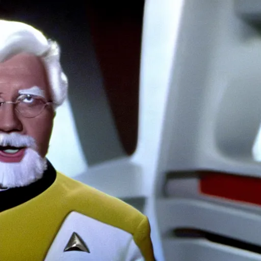 Image similar to A still of Colonel Sanders as a Captain Kirk on Star Trek