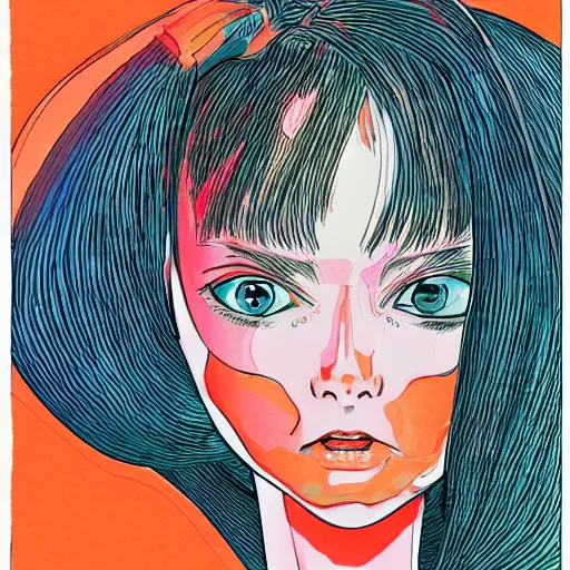 Prompt: pen, loosely cross hatched, ink, orange copic marker background, illustration of a scifi girls face, by Terada Katsuya, koji morimoto, tatsuyuki tanaka