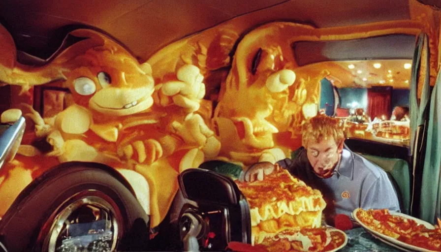 Prompt: 1990s photo of inside the Garfield Mystery Lasagna ride at Universal Studios in Orlando, Florida, riding a plate of Lasagna with Garfield through a living room filled with tons of food, cinematic, UHD