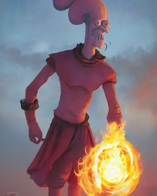 Image similar to squidward with [ [ [ [ [ [ four legs ] ] ] ] ] ] wearing fire nation clothing and practicing firebending outside at susnset, [ greg rutkowski ]