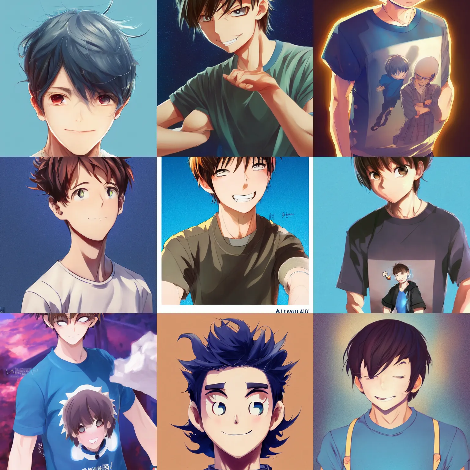 Prompt: A medium shot anime portrait of a happy anime man with extremely short walnut hair and blue eyes, wearing a t-shirt, short hair on top of head, solid background, by Stanley Artgerm Lau, WLOP, Rossdraws, James Jean, Andrei Riabovitchev, Marc Simonetti, and Sakimi chan, trending on artstation