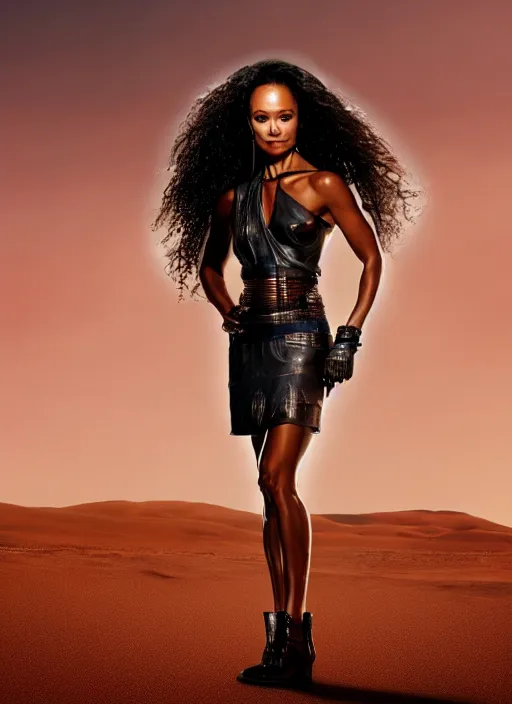 Prompt: thandiwe newton with a metal body in a desert, photorealistic, 8 k hd resolution