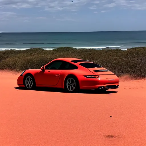 Image similar to porsche 9 1 1, beautiful australian beach, red sand, waves. dust. stars