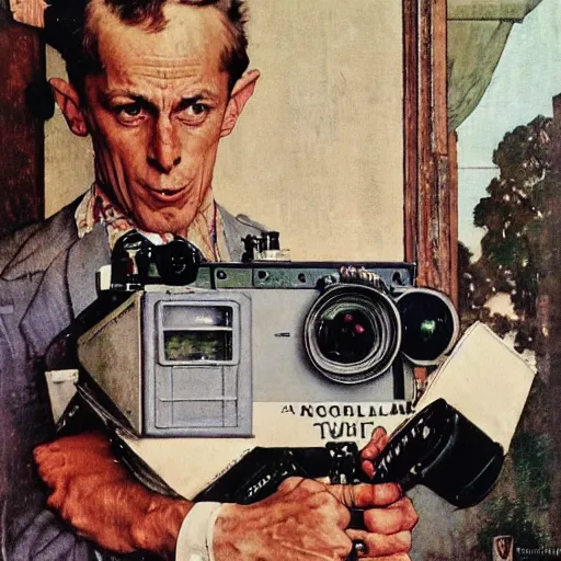 Image similar to norman rockwell painting of a man holding a large television - video - camera