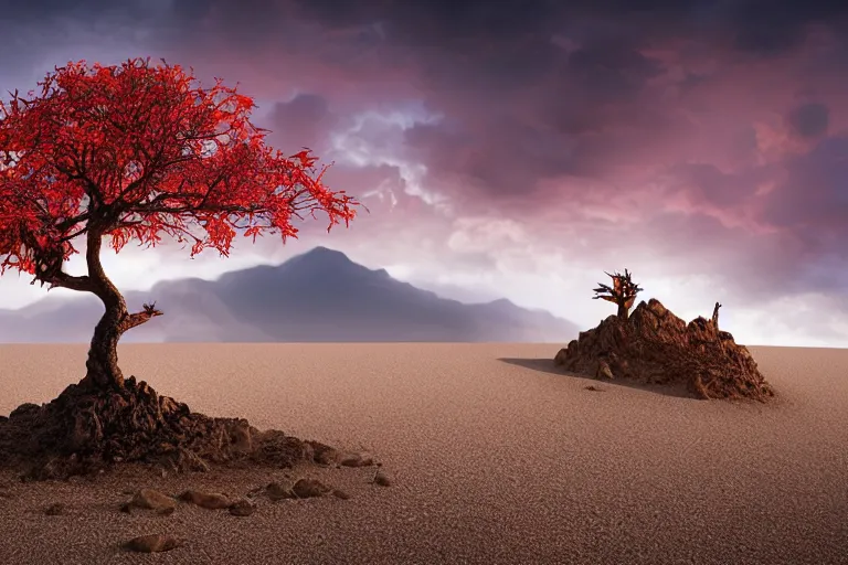 Prompt: a fantasy landscape by rocha, andreas, red autumn maple bonsai in a barren death valley landscape, cloudy sunset, by brian froud and jessica rossier and hr giger