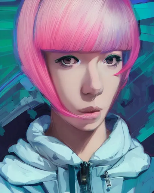 Image similar to poster woman with futuristic streetwear and hairstyle, colourful, model face, cute face, pretty face, 3/4 portrait, Galaxy eyes, beautiful, elegant, Anime by Kuvshinov Ilya, Cushart Krentz and Gilleard James, 4k, HDR, Trending on artstation, Behance, Pinterest, award winning