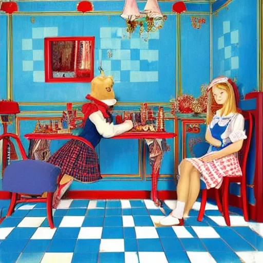 Prompt: alice in the wonderland, sitting, checkered floor, chair, blue dress, red door blonde, ceiling by cheval michael