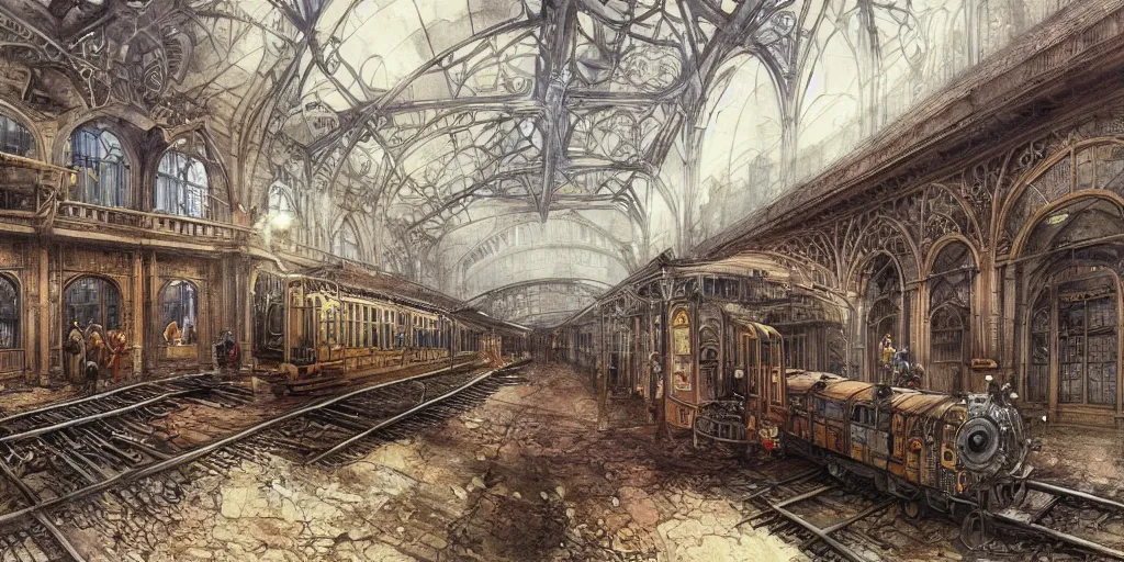 Prompt: a hiper intricate watercolor of a steampunk train station, being built piece by piece, almost done, fibonacci, intricate, highly detailed, digital painting, artstation, concept art, extremely detailed, sharp focus, wide view, smooth, digital illustration, colorfull, by william turner art, by greg rutowski, by carl larson, by edmund dulac