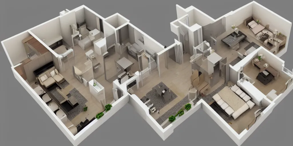 Prompt: 3 d floor plan of a one bedroom apartment, top view, realistic, detailed