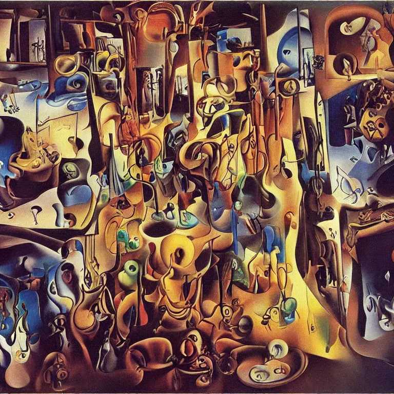 Prompt: room of chaos by salvador dali, abstract surrealism, colorful, masterpiece