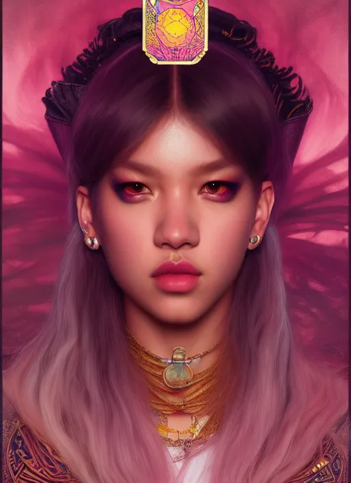 Image similar to jossi of blackpink, queen, tarot card, highly detailed, digital painting, smooth, sharp focus, illustration, ultra realistic, unreal engine, 8 k, art by simon bisley and greg rutkowski and alphonse mucha