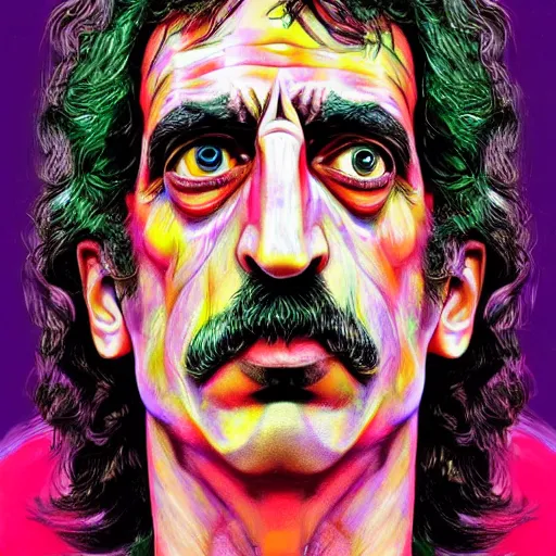 Image similar to An extremely psychedelic portrait of Frank Zappa, surreal, LSD, face, detailed, intricate, elegant, lithe, highly detailed, digital painting, artstation, concept art, smooth, sharp focus, illustration