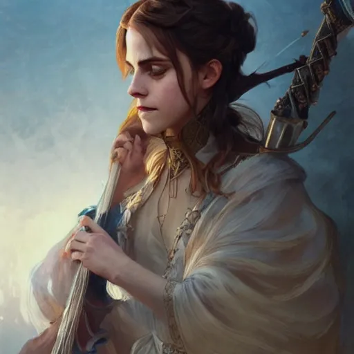 Prompt: emma watson as a bard, d & d, fantasy, intricate, elegant, highly detailed, digital painting, artstation, concept art, matte, sharp focus, illustration, art by greg rutkowski and alphonse mucha