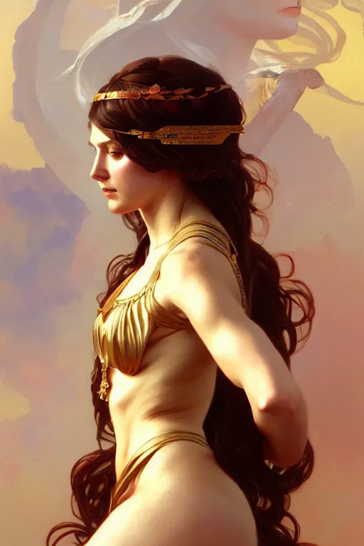 Image similar to Kelly Sue Deconnick as a beautiful Greek Goddess, gorgeous, amazing, fit, very feminine body, intricate, highly detailed, digital painting, artstation, concept art, sharp focus, illustration, art by greg rutkowski and alphonse mucha