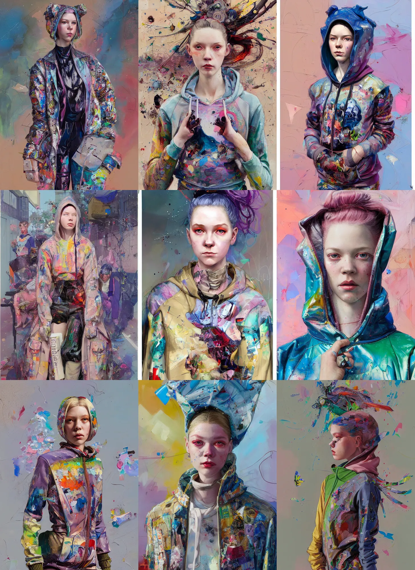 Prompt: ( ( hunter schafer ) ) in the style of martine johanna and donato giancola, wearing a hoodie, standing in a township street, street fashion outfit,!! haute couture!!, full figure painting by john berkey, david choe, ismail inceoglu, pastel color palette, sharp focus, detailed impasto, intricate, 2 4 mm lens