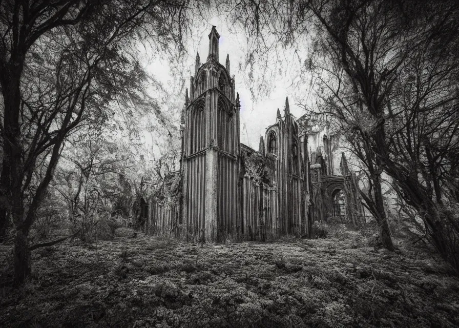 Prompt: abandoned cathedral with overgrown vegetation, vintage infrared photograph