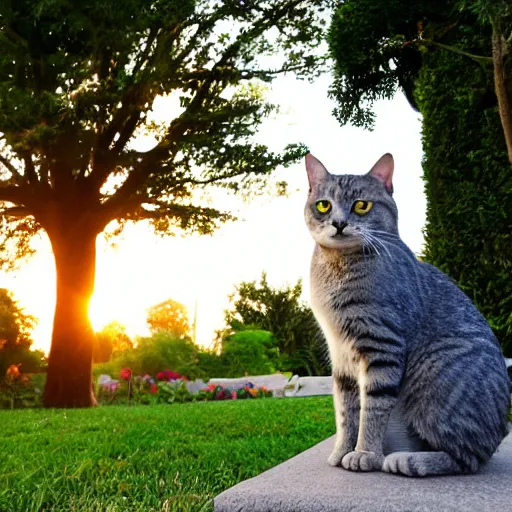 Image similar to a cute grey tabby cat sitting on the corner of a front yard outside in the late afternoon on a beautiful summer day, sunset