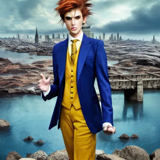 Image similar to portrait of a beautiful androgynous actress with long messy spiked auburn hair, golden eyes, and tufted elf ears and dressed in a blue men's suit with a yellow tie, standing on a stone bridge with a fantasy metropolis of tall stone towers in the background