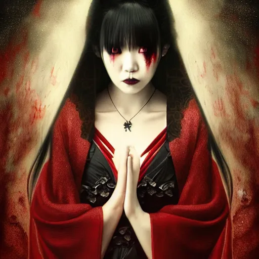 Prompt: Portrait of a riveting Japanese vampire woman!, atmospheric lighting, gothic makeup, intricate, Transylvanian castle, volumetric lighting, beautiful, starlit sky, sharp focus, ultra-detailed, by Tom Bagshaw Leesha Hannigan, Ross Tran, Thierry Doizon, Kai Carpenter, Ignacio Fernández Ríos