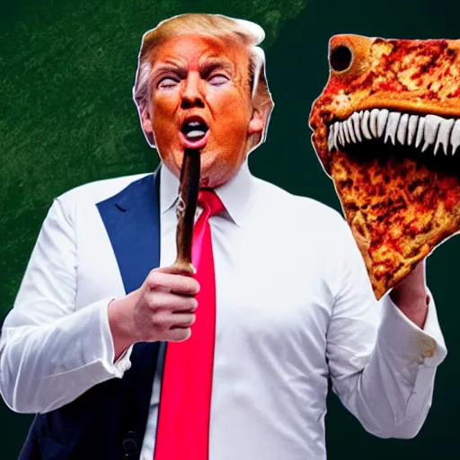 Prompt: Donald Trump eating pizza on an T-rex