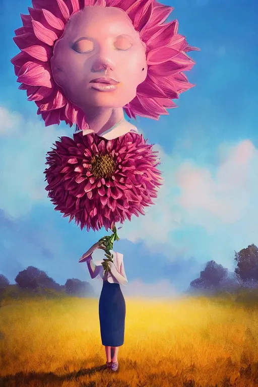 Image similar to closeup giant dahlia flower head, girl in a suit, street, surreal photography, blue sky, sunrise, dramatic light, impressionist painting, digital painting, artstation, simon stalenhag