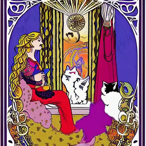 Image similar to Gypsy lady doing tarot card reading inside a gypsy caravan surrounded by cats in art nouveau style